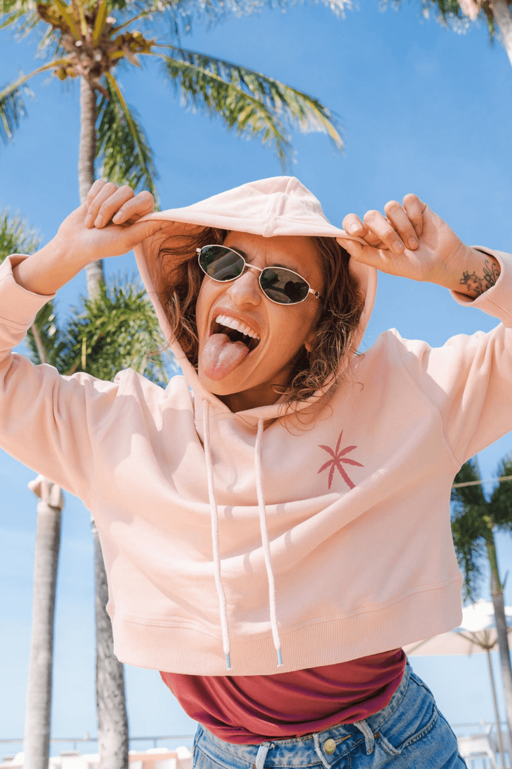 Premium Cropped French Terry Hoodie -Pink High Tides