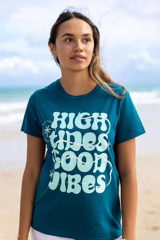 Ladies Dune Tee - High Tides Good Vibes Beachy Blues