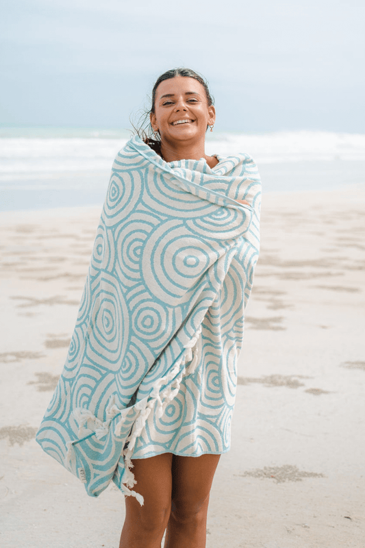 Premium Raised Pattern Broome Beach Turkish Towel - Aqua Circles