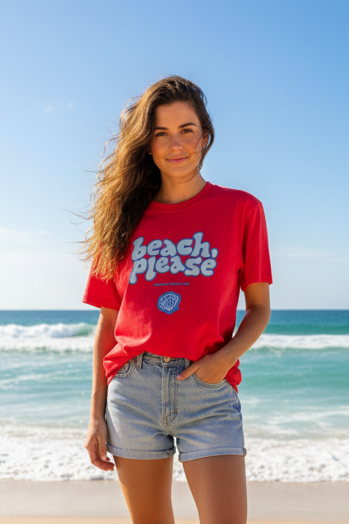 Ladies Beach Please - Coral Red Box Tee