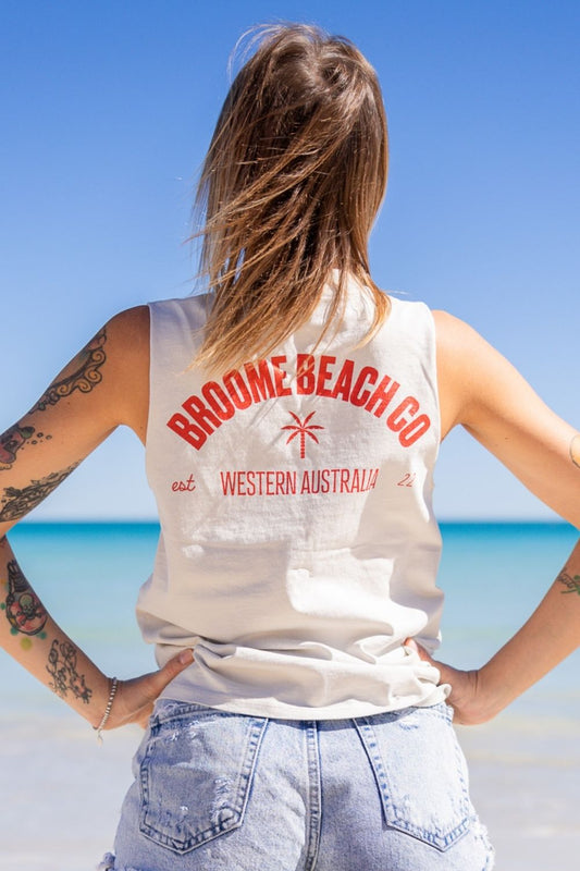 Ladies Longline Tank - Faded Bone with Red